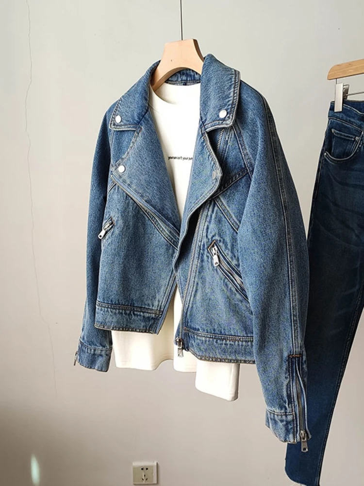 FTLZZ Spring Autumn Women Casual Moto Biker Denim Jacket Lady Vintage Loose Lapel Zipper Solid Color Short Cowboy Coat 240117