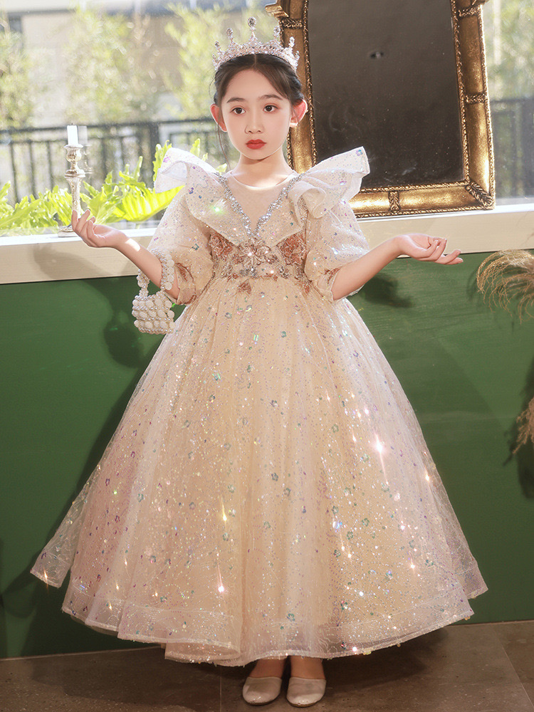2024 sequined wer girl Dresses for Wedding Lace Applique shiny Kids Birthday Party Puffy ball gown Princess Little Girls Pageant Gown Toddler Formal D