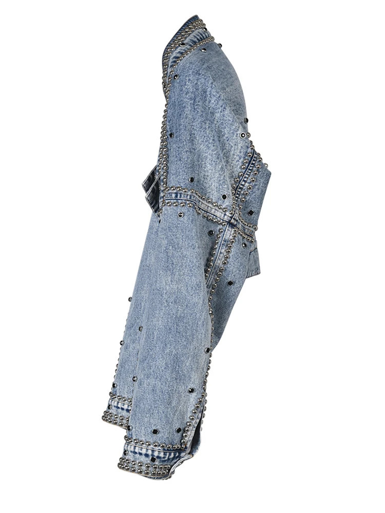 EAM Loose Fit Blue Denim Rivet Short Cool Jacket Lapel Long Sleeve Women Coat Fashion Spring Autumn 2024 1DE828105 240117