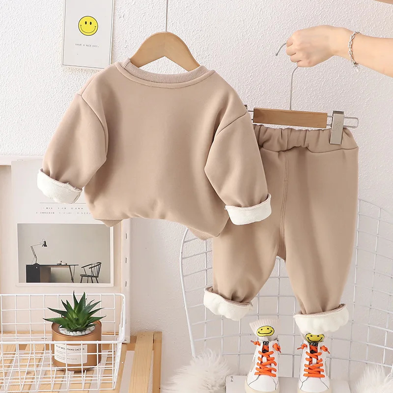 Autumn Winter Children Boy 2PCS Clothes Set Cartoon Doll Letter Cotton Pullovers Fleece Pant Baby Boy Outfits Kid Boy Suits 240117