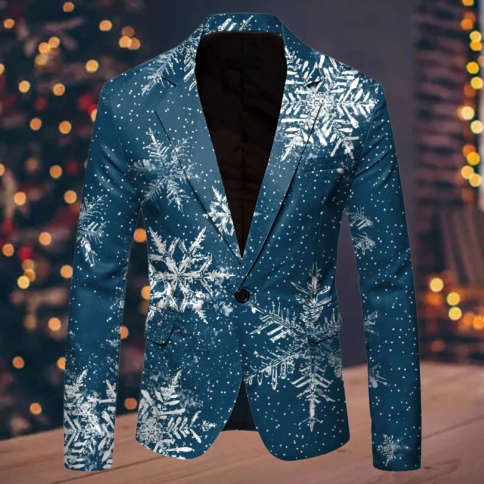 Men Suit Blazer Christmas Snowflake Santa Printed Pocket Lapel Button Suit Jacket Fashion Suit Gentleman Party Suit Men Clothing 240117