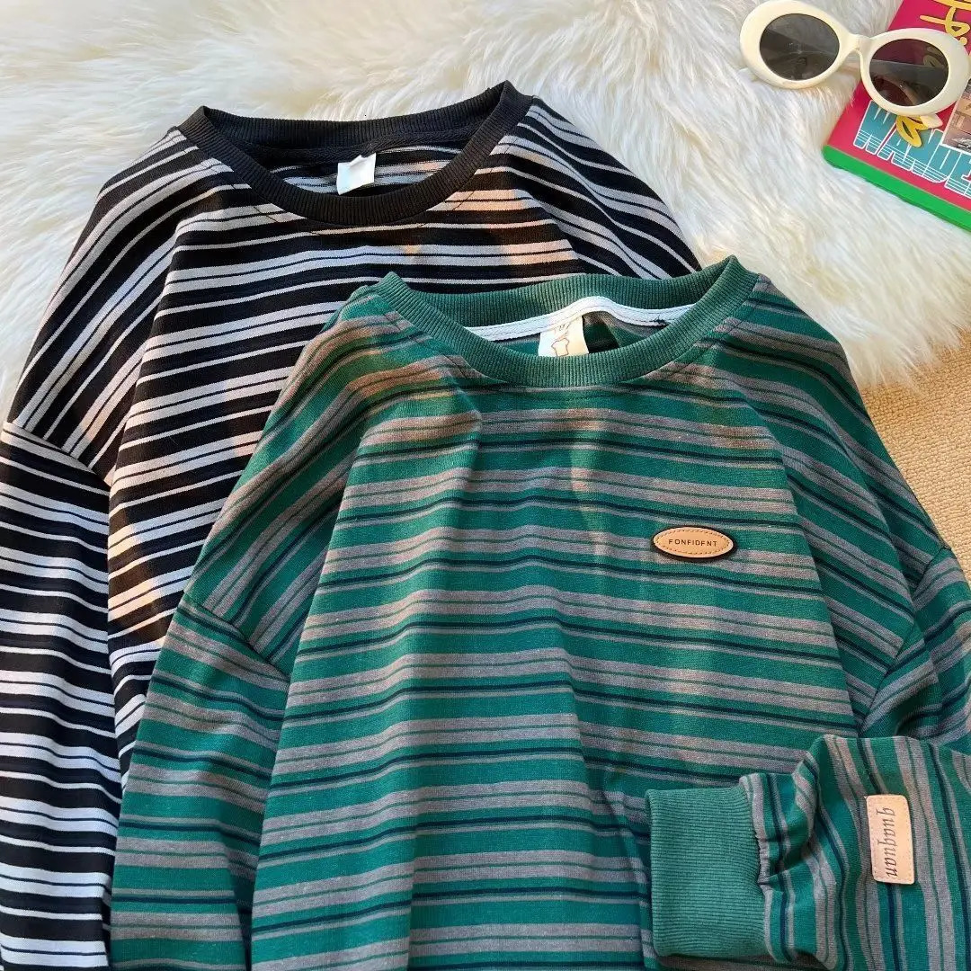 Fashion Korean striped long sleeved T hirt autumn American y2k street personality couple round neck simple loose sports hoodie 240117