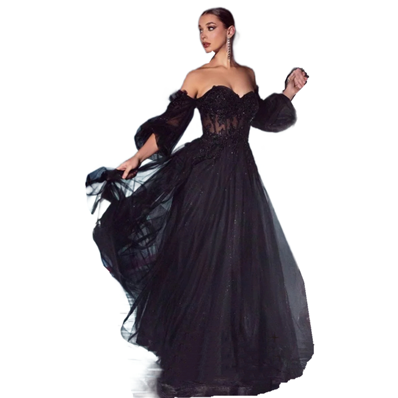 Dubai Off The Shoulder Black Prom Dresses Sweetheart Neck Lace Appliques Beaded A Line Sexy A Line Long Celebrity Evening Dress For Women Tulle Specia