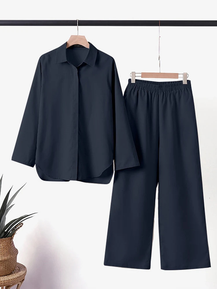 Cotton Linen Sets of Two Pieces for Women Summer Wide Leg Pants with Shirts Outfits Button Up Blouses Women's Trouser Suits 240117