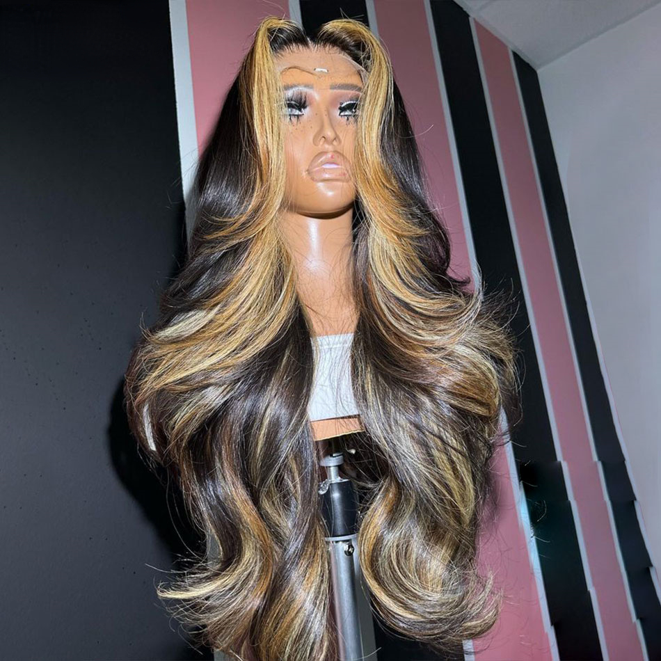 Highlight Ombre Blonde Black 13x4 Lace Frontal Wavy Human Hair Wigs 180% 34Inch Body Wave Lace Front Wigs Glueless Synthetic Wig