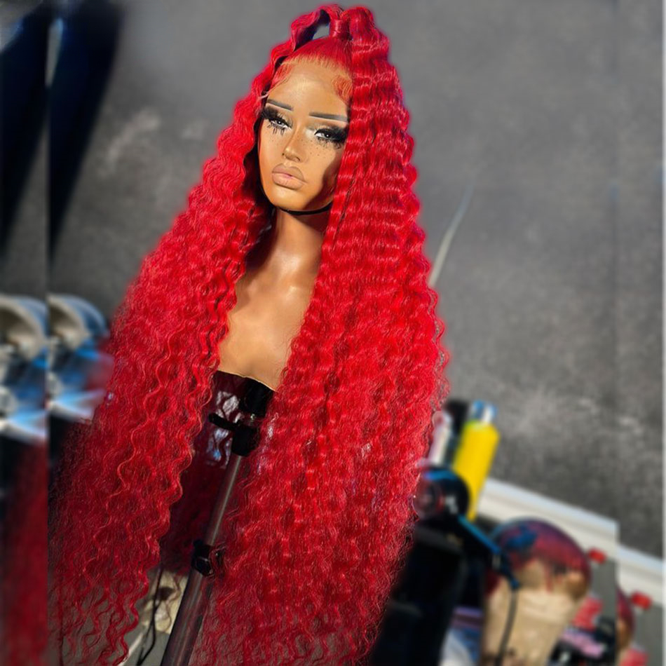 Free shipping Peruvian Red Color 180% Water Wave Front Human Hair PrePlucked Transparent Lace 13X4 Frontal Synthetic Curly Wigs for Women