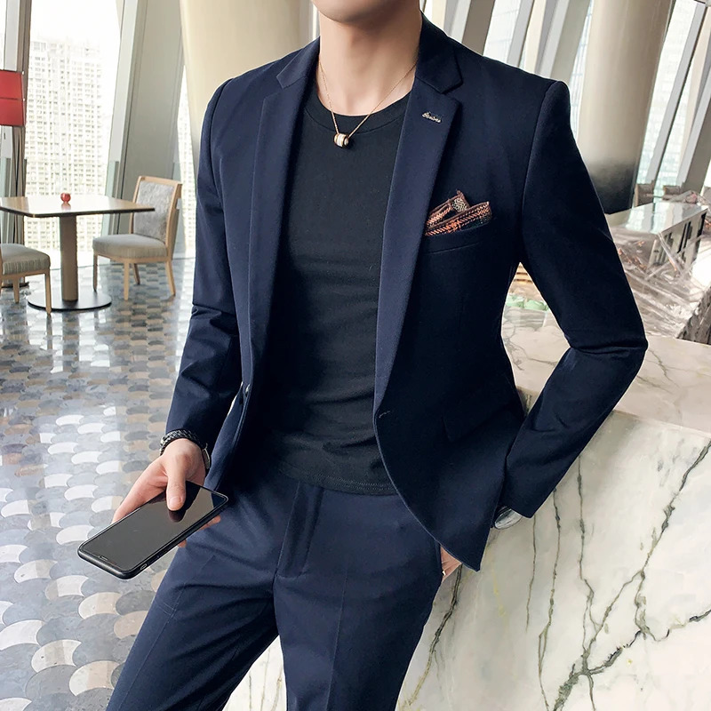 JacketPants Fashion Men's Pure Color Leisure Suits Gray Blue Black Slim Fit Men Business Banquet Suit Set Plus Size 6XL 7XL 240117
