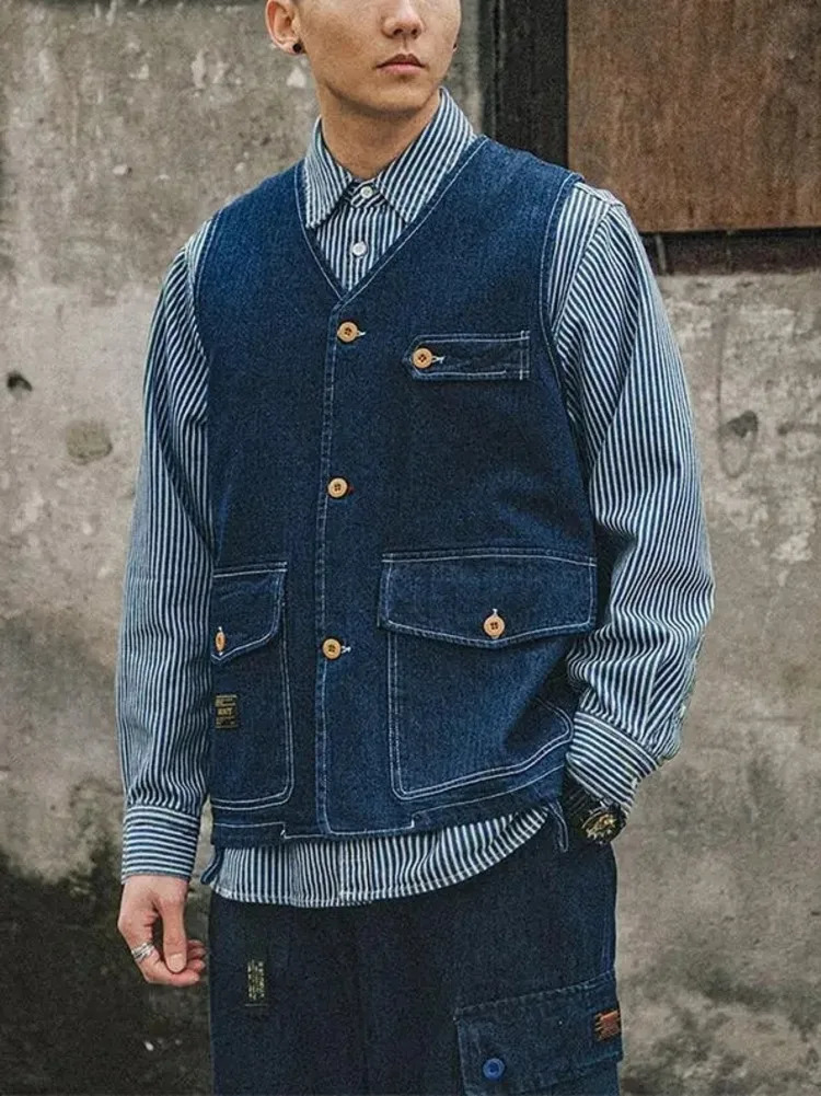 Cargo Pocket Cityboy Denim Vest Unisex Loose Casual Tank Top for Men Women Vintage Waistcoat Jeans Coat 240117Z
