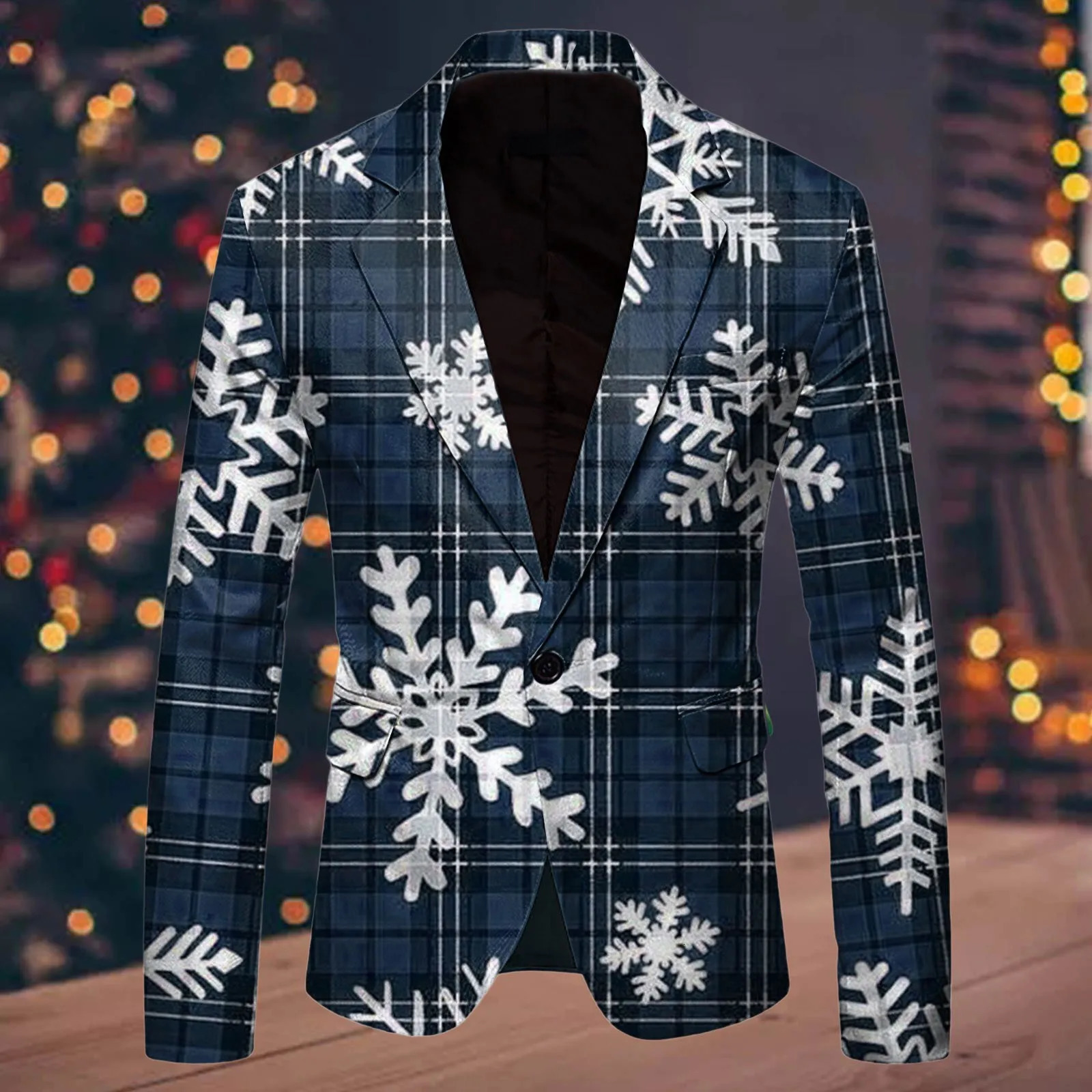 Men Suit Blazer Christmas Snowflake Santa Printed Pocket Lapel Button Suit Jacket Fashion Suit Gentleman Party Suit Men Clothing 240117