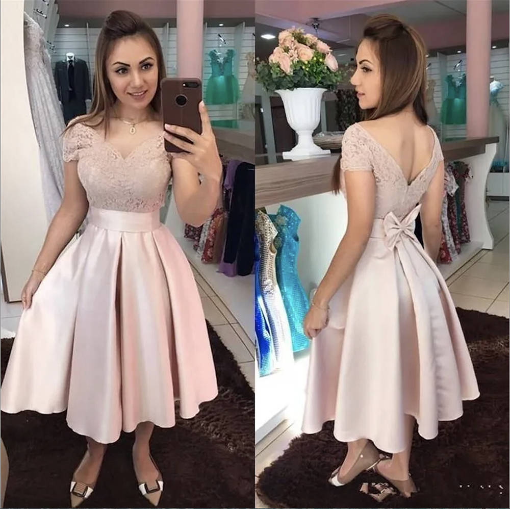 Off Shoulder Pink Homecoming V Neck Knot Lace Pleats Short Sleeves Formal Prom Party Dress Sweet 16 Tail Dresses 0431