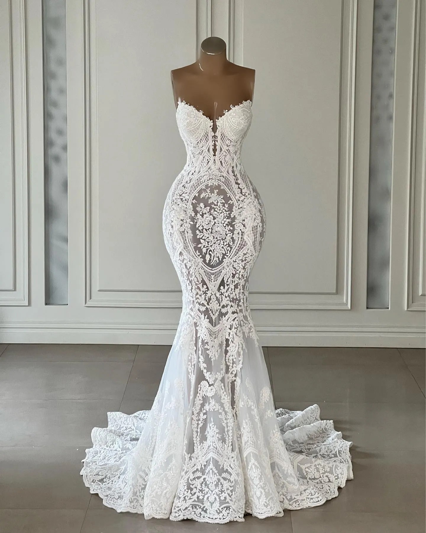 2024 Sexy Mermaid Wedding Dresses Sweetheart Illusion Full Lace Appliques Sheer Plus Size Bridal Gowns vestidos de novia Sleeveless Sweep Train