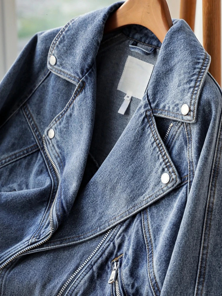 Fitaylor Spring Autumn Motorcycle Denim Jacket Women Fashion Lapel Zipper Short Cowboy Streetwear Vintage Loose Coat Outwear 240117