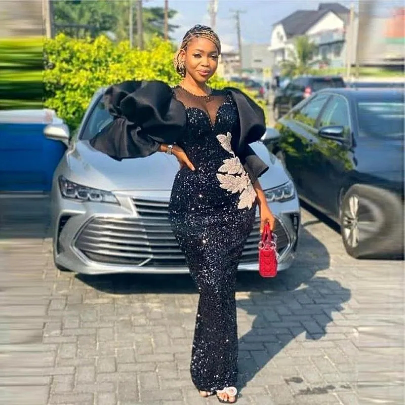 Modern Puff Sleeves Prom Dresses Floor Length Glitter Black Sequined Evening Gowns For Women Arabic Aso Ebi Sparkle Birthday Party Special Occasion Dr