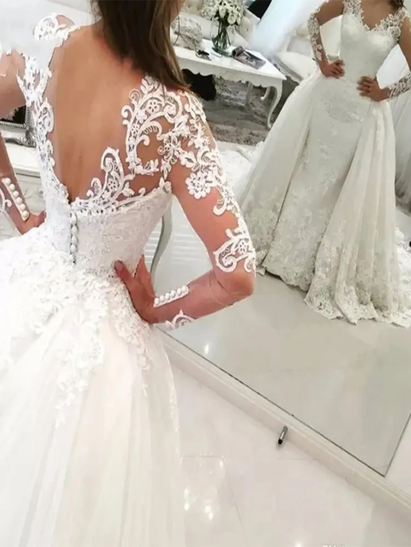 V-Neck Lace Wedding Dress With Detachable Skirt Long Sleeves Open Back Buttons Luxury Bridal Gowns Ivory Elegant Princess Bride Dresses Robe De Mariee