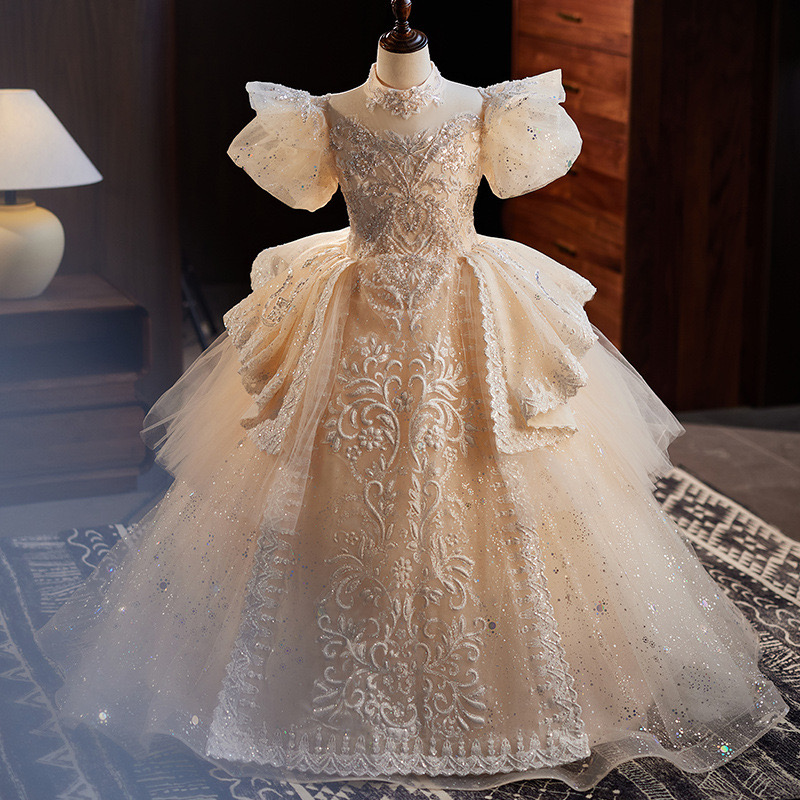 New Ball Gown Lace Girls Pageant Dresses Beaded Sheer Bateau Neck Flower Girl Dress Crystals Sequined Lace Embroidery Toddler Girl First Holy Communio