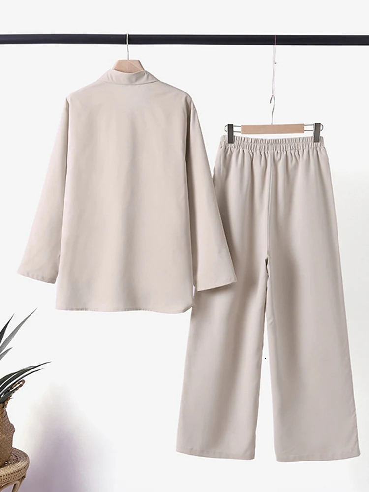 Cotton Linen Sets of Two Pieces for Women Summer Wide Leg Pants with Shirts Outfits Button Up Blouses Women's Trouser Suits 240117