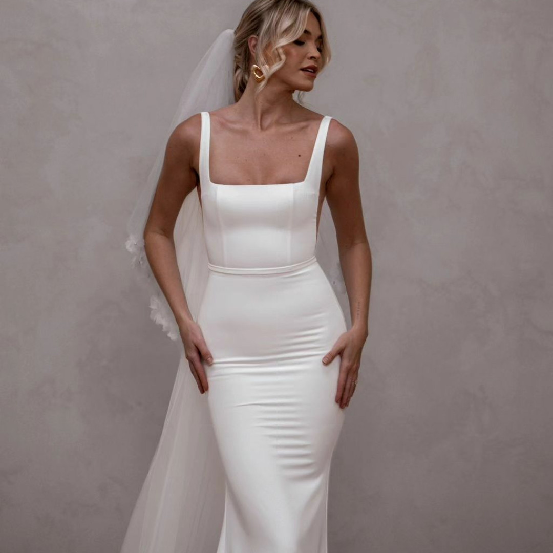 Vintage Long Crepe Mermaid Wedding Dresses With Court Train Ivory Square Collar Buttons Back Vestidos de Novia Abendkleider Bridal Gowns for Women