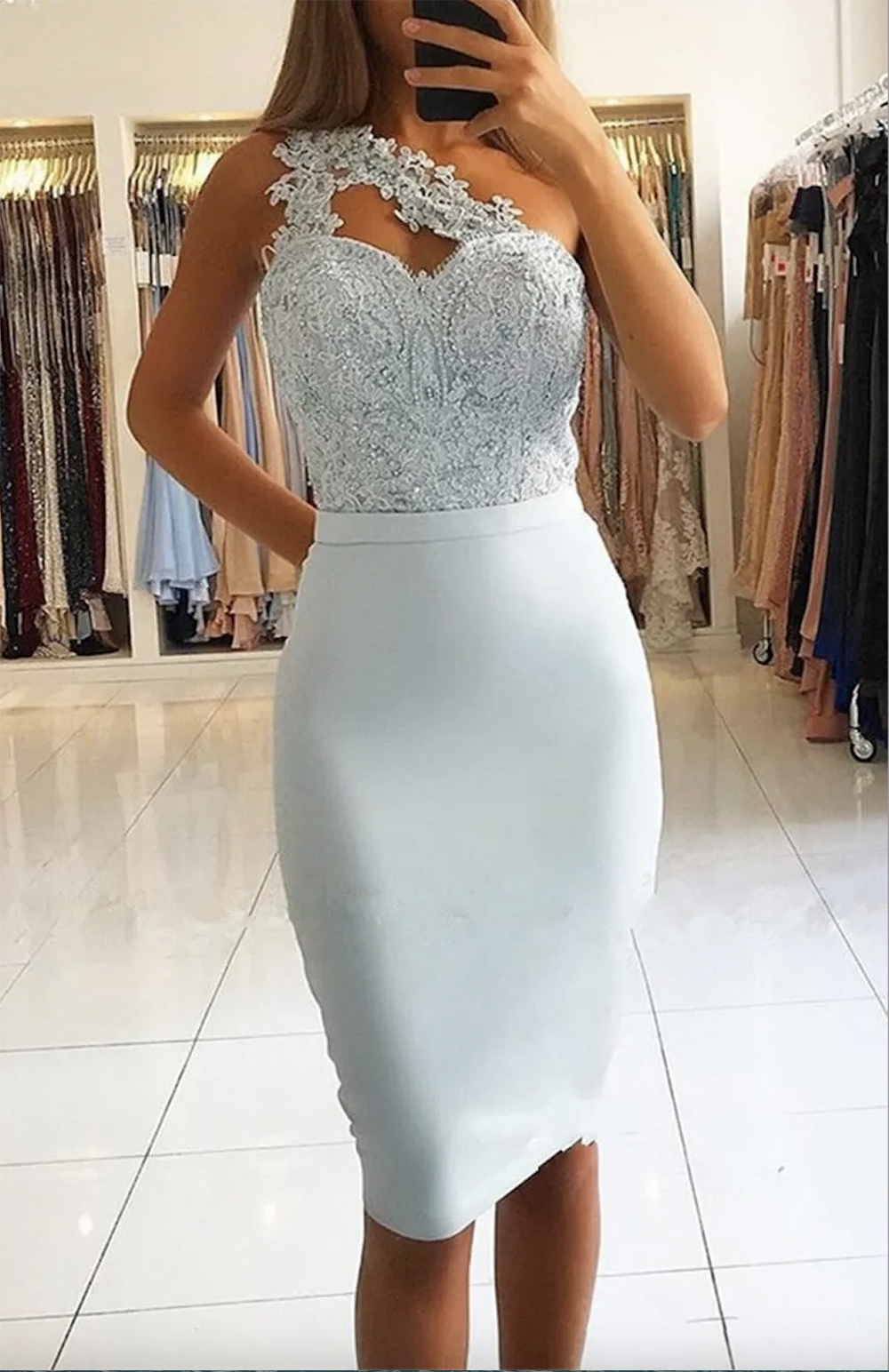 2024 New Short Mini Homecoming Light Sky Blue One Shoulder Lace Appliques Beaded Knee Length Sheath Party Dresses tail Gowns 0509