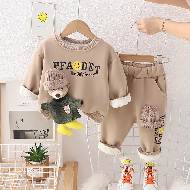 Autumn Winter Children Boy 2PCS Clothes Set Cartoon Doll Letter Cotton Pullovers Fleece Pant Baby Boy Outfits Kid Boy Suits 240117