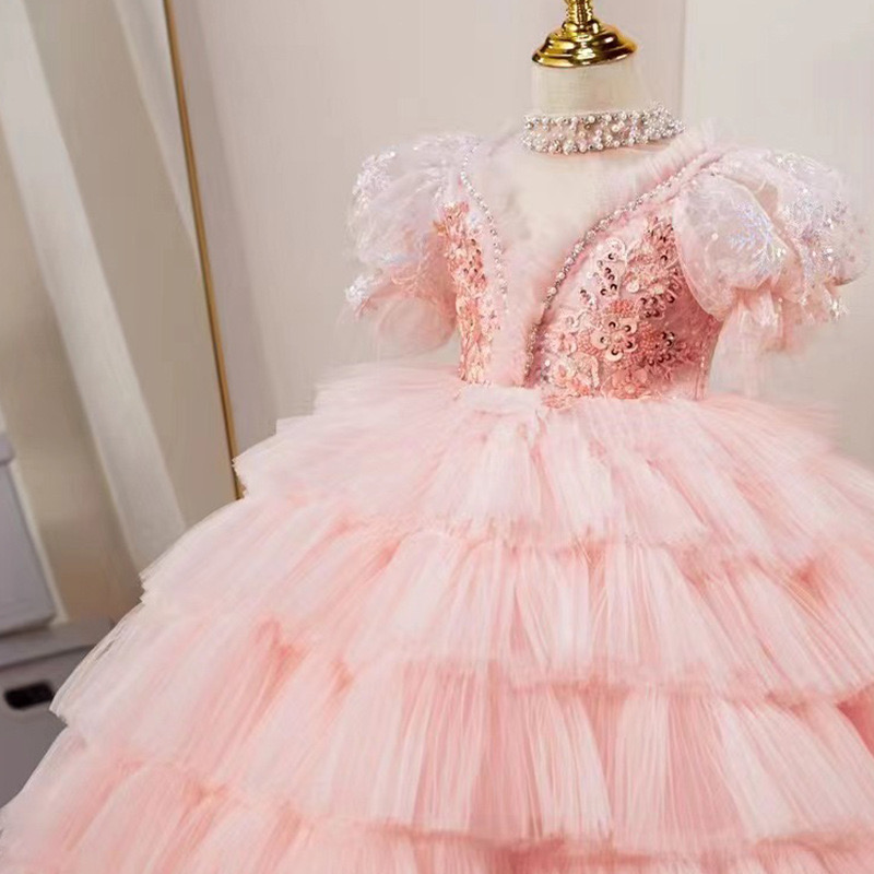 2024 Elegant pink Flower Girl pearls beaded necklace sequined corset cap sleeves princess Cascading Kids Pageant Gowns For Weddings Holy Communion Dre