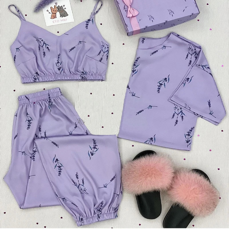 Silk Satin Pajamas Set Women Short Top Long Pants Sleepwear Sexy Nightwear Pijama V-neck Homewear Loungewear 3pcs-set NO Slipper 240117