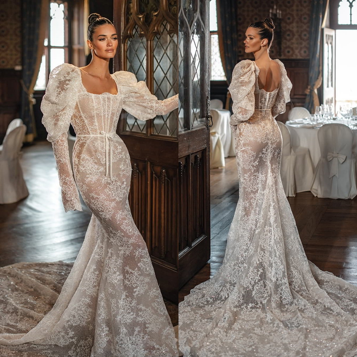 Elegant Lace Wedding Illusion Mermaid Bridal Gowns Long Sleeves Backless Bride Sweep Train Dresses Custom Made 0219
