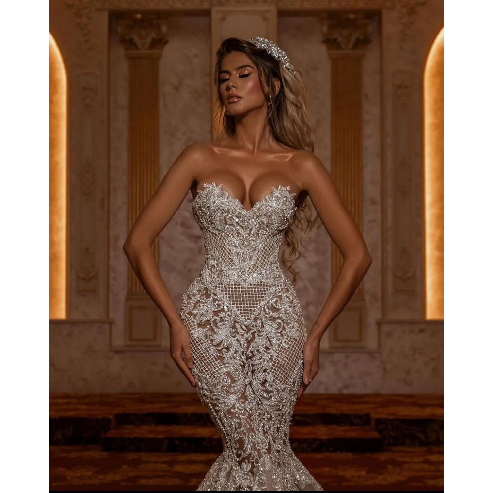 Stunningbride 2024 Exquisite Strapless Mermaid Wedding Dress Sweetheart Sequined Lace Arabic Sweep Floor Trumpet Bridal Gowns Custom Made