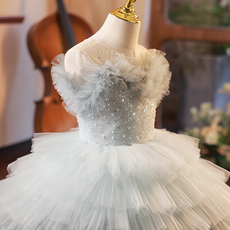 Cute Puffy Balle Gown Little Girl Pageant Dresses Shiny Ruffles Tulle Sweep Train Brithday Party Gowns For Toddler Kids Communion Pearls Beaded Flower