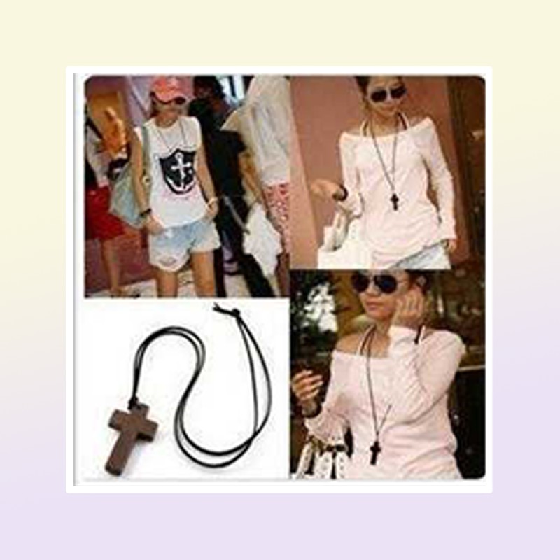 Necklace Cross Vintage Wooden Jewelry Pendant Simple Wooden Cross And Leather Rope Charm Wedding Women Necklace Sweater Chain