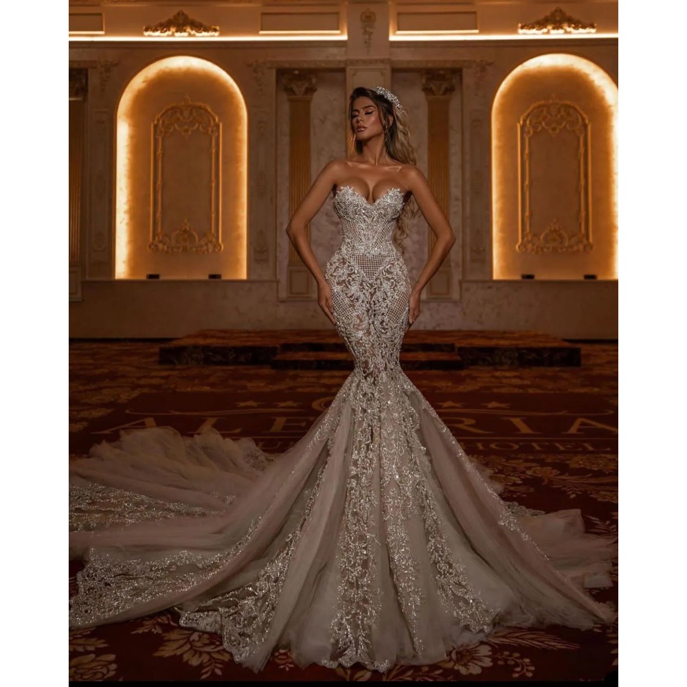 Stunningbride 2024 Exquisite Strapless Mermaid Wedding Dress Sweetheart Sequined Lace Arabic Sweep Floor Trumpet Bridal Gowns Custom Made