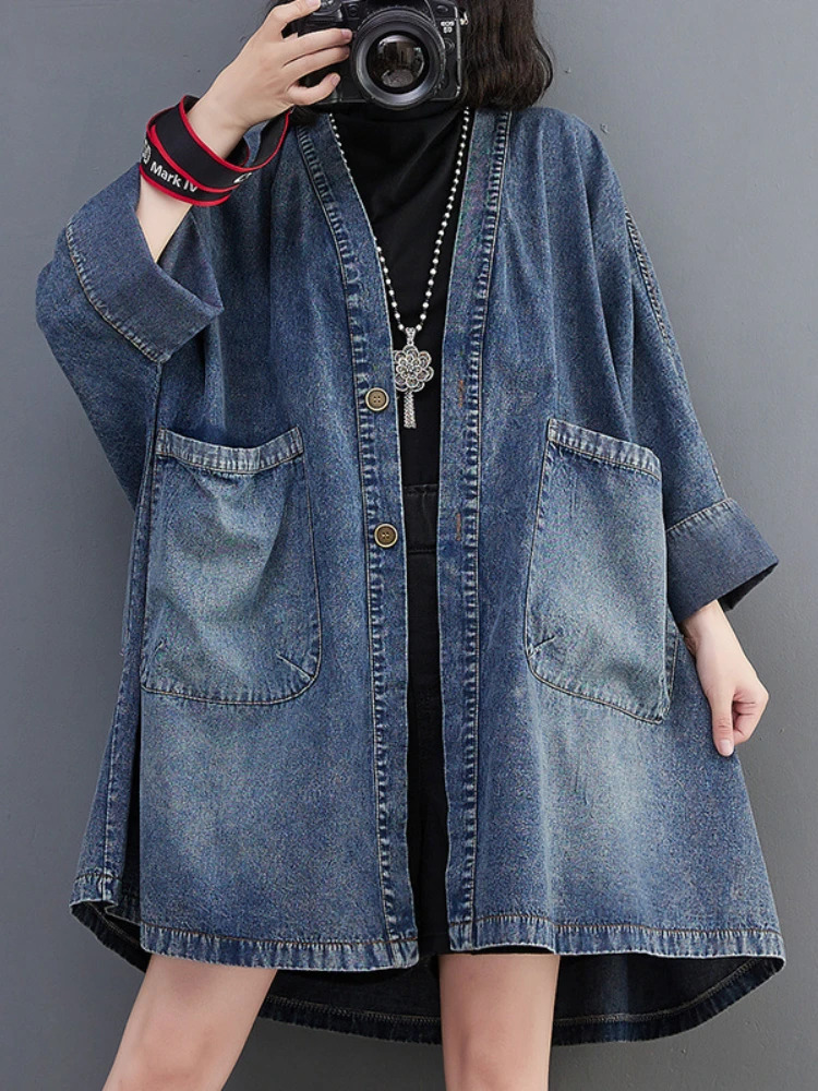Jackets for Women 2023 Spring Autumn Vintage Vneck Pocket Denim Jacket Loose Oversized Trench Coats Top Blue Jean Woman 240117