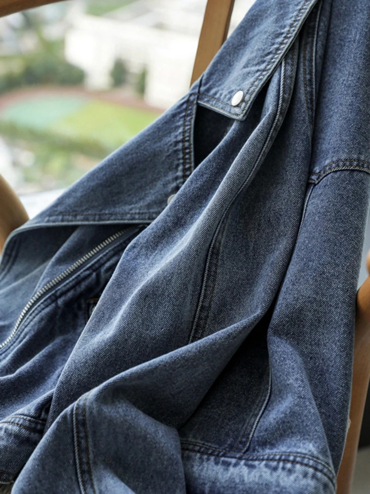 Fitaylor Spring Autumn Motorcycle Denim Jacket Women Fashion Lapel Zipper Short Cowboy Streetwear Vintage Loose Coat Outwear 240117