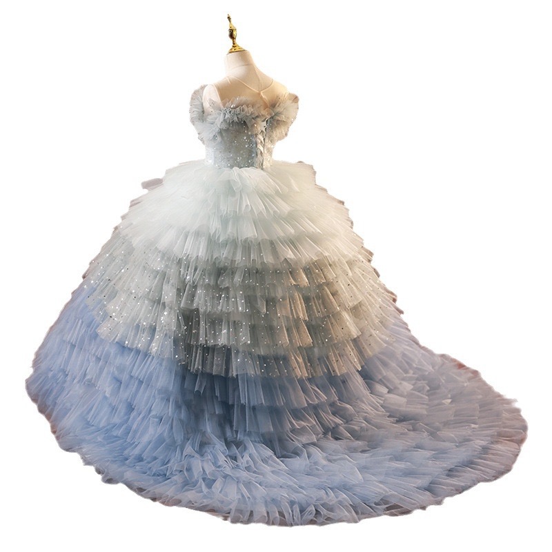 Cute Puffy Balle Gown Little Girl Pageant Dresses Shiny Ruffles Tulle Sweep Train Brithday Party Gowns For Toddler Kids Communion Pearls Beaded Flower
