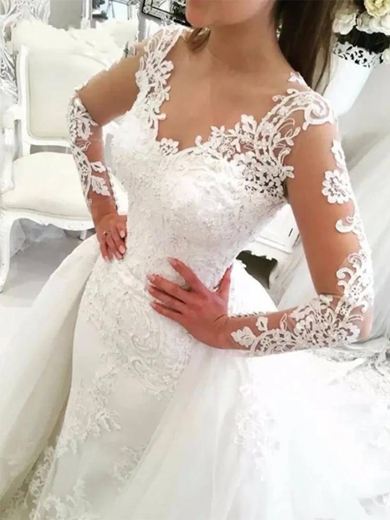 V-Neck Lace Wedding Dress With Detachable Skirt Long Sleeves Open Back Buttons Luxury Bridal Gowns Ivory Elegant Princess Bride Dresses Robe De Mariee