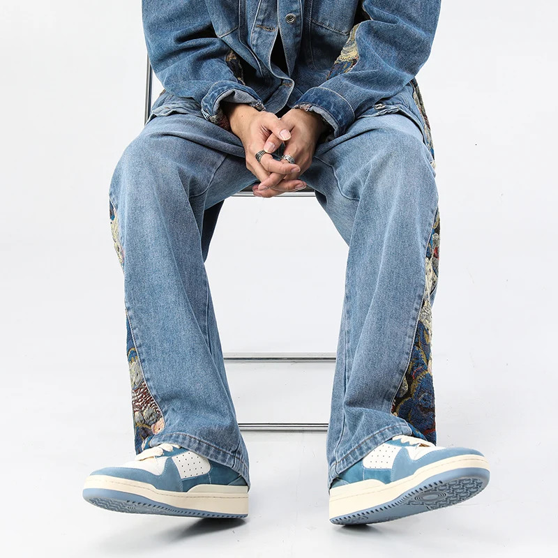 2023 Men's Jeans Baggy Bear Printed Wide Leg Pants Hip Hop Street Loose Denim Elastic Waist Lace Up Casual 240117