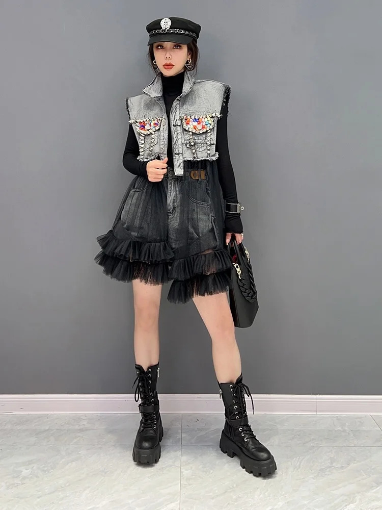 Vefadisa 2023 Spring Summer Lapel Sleeveless Denim Vest Coat Loose Mesh Splicing Colour Diamonds Irregular Women LHX3315 240117