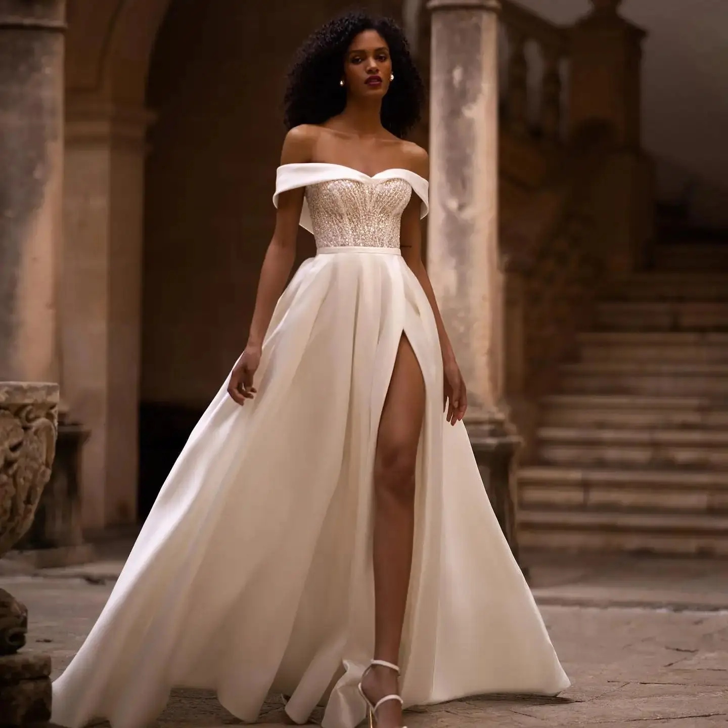 Bohemian Satin Wedding Dresses Sexy High Side Split Bridal Gowns Off The Shoulder Beading A Line Beach Boho Bride Dress