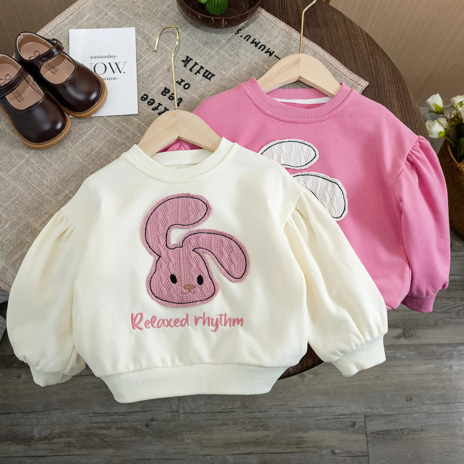 Baby Girls Sweatshirt Toddler Kids Rabbit Print Hoodies Thicken Shirts Autumn Winter 1 To 6 Yrs Children's Clothes Princess 240117
