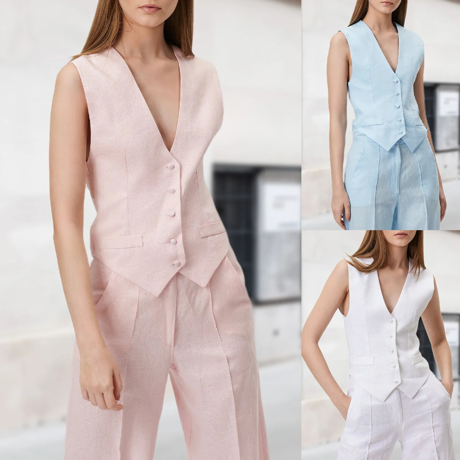 Women Vest Crop Top Solid Color Basic Waistcoat Elegant V Neck Sleeveless Single Breasted Simple Slim Fit Office Work Suit 240117