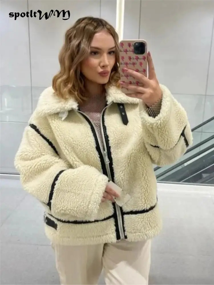 Fashion White Patchwork Women Lamb Wool Jacket Female Lapel Long Sleeve Zipper Coats Winter Lady Warm Loose Streetwear Jackets 240117