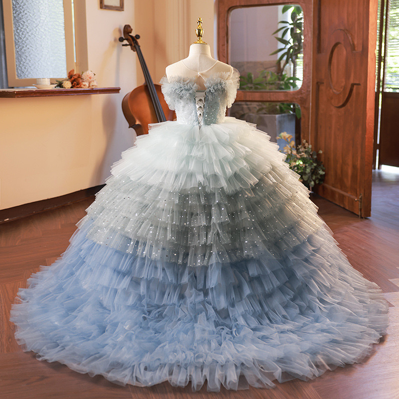 Cute Puffy Balle Gown Little Girl Pageant Dresses Shiny Ruffles Tulle Sweep Train Brithday Party Gowns For Toddler Kids Communion Pearls Beaded Flower