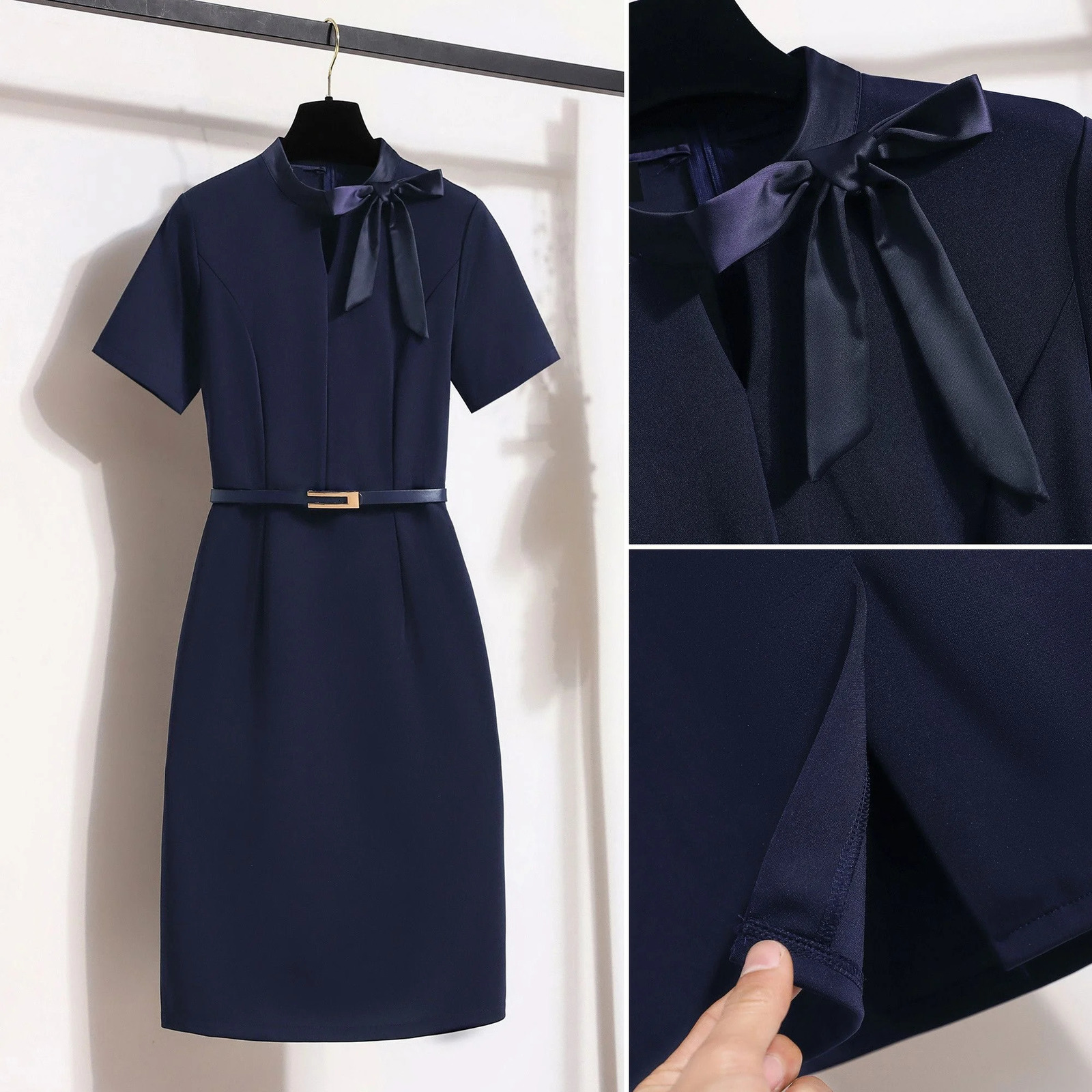 Summer Slim Professional Work Pencil Dress Elegant Women's Belt Bow Navy el Jewelry Shop Club Korean Style Clothing 240117