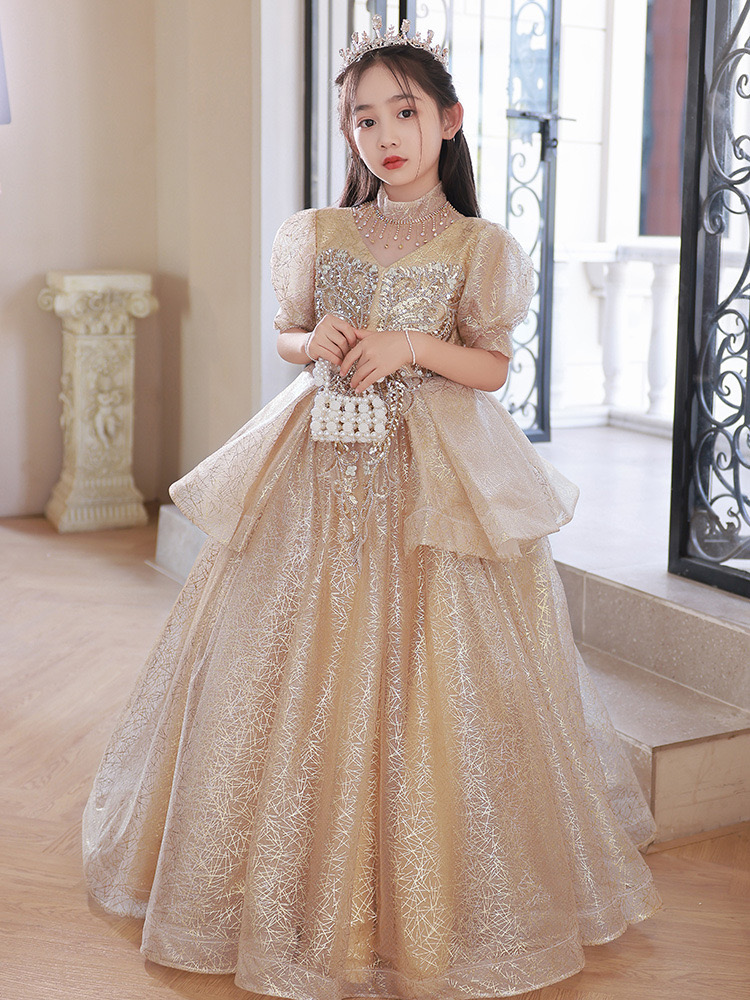 bling Princess Flower Dress 2024 new Champagne Tutu Girls Birthday Formal Party Wear Gowns Child Kids Pageant Dresses First holy Communion gowns Baby 