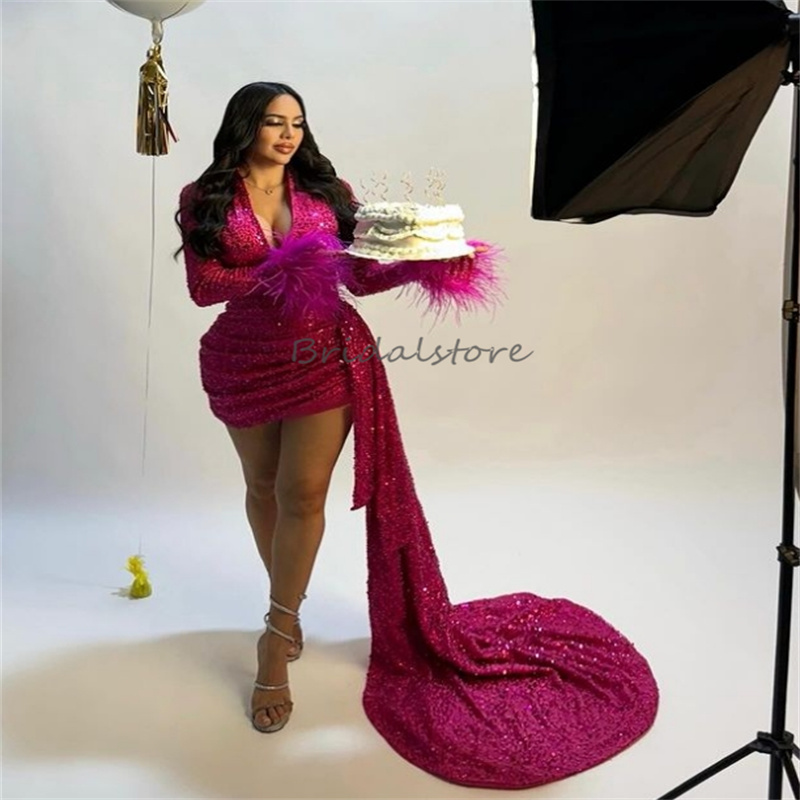 Hot Pink Sequin Prom Dress With Train Sexy V Neck Long Sleeve Short Evening Dress Sparkle Black Girls Feather Cocktail Dress Glitter Formal Fifteen Bi