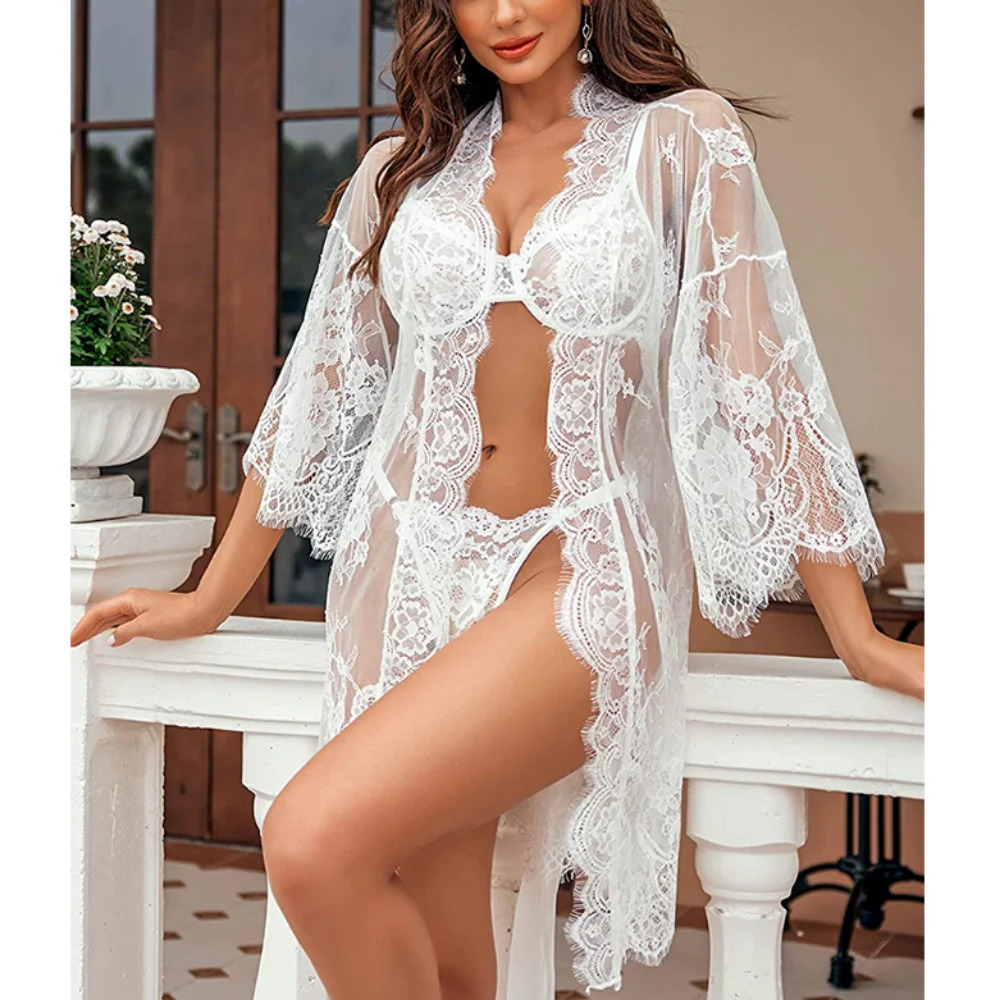 Sexy Lace Mesh Kimono Babydolls Plus Size Sheer Lingerie Women Body Transparent Robe Sleepwear Bridal Wedding Dress Pajamas 240117
