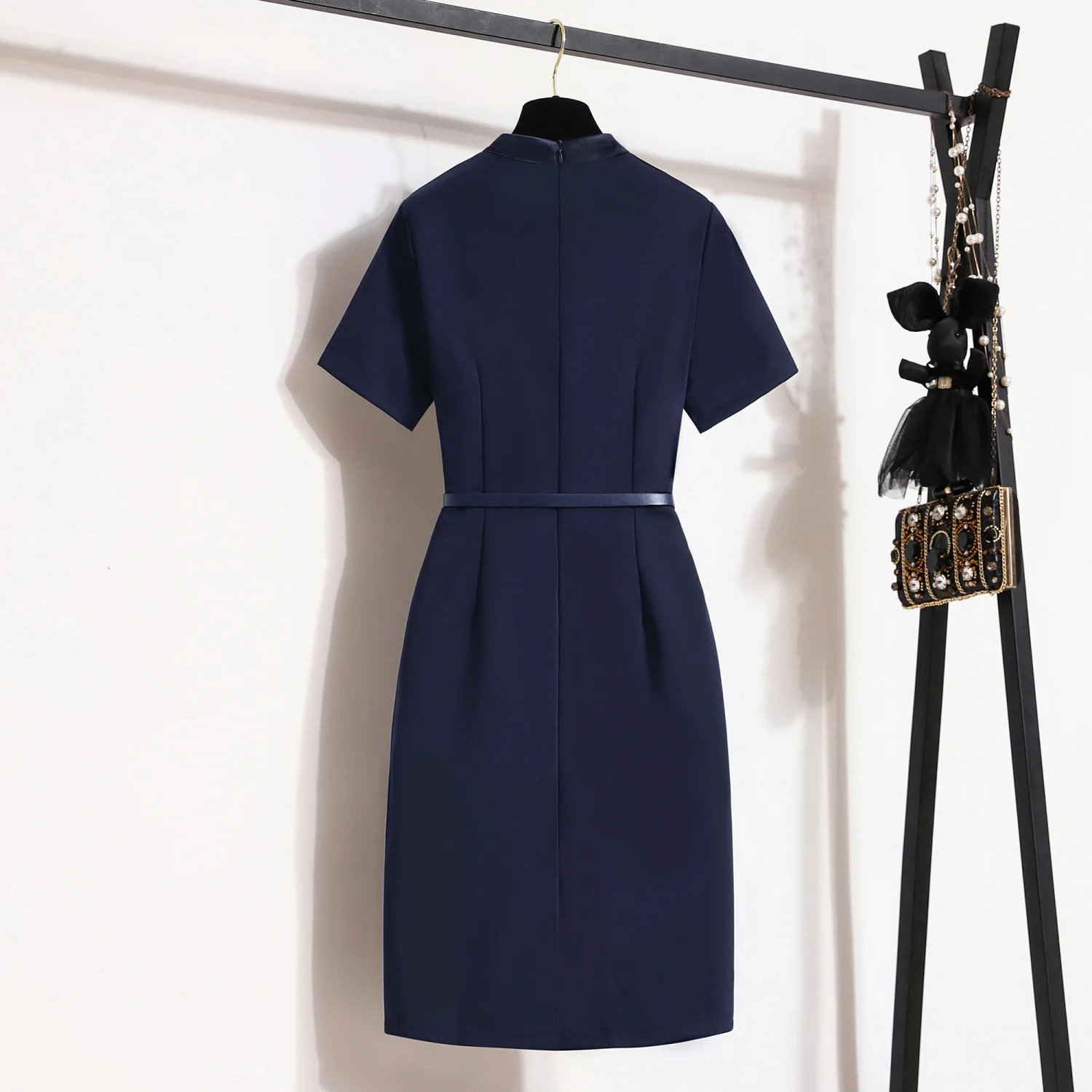 Summer Slim Professional Work Pencil Dress Elegant Women's Belt Bow Navy el Jewelry Shop Club Korean Style Clothing 240117