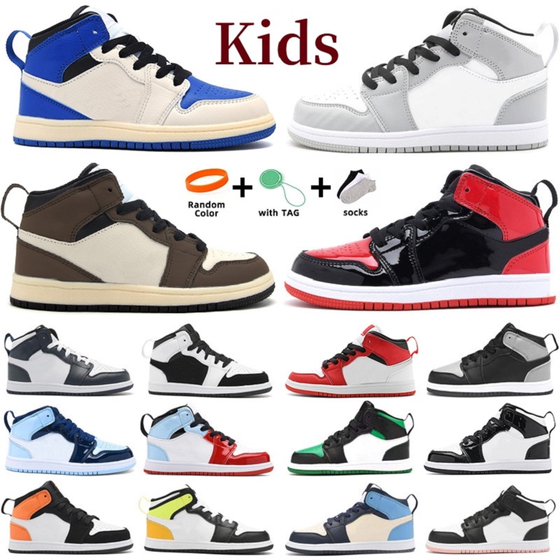 Kids 1s basketball shoes Bred Patent Children Preschool shoes dark mocha UNC Shadow Athletic Outdoor Baby designer sneaker Trainers Toddler Girl 
