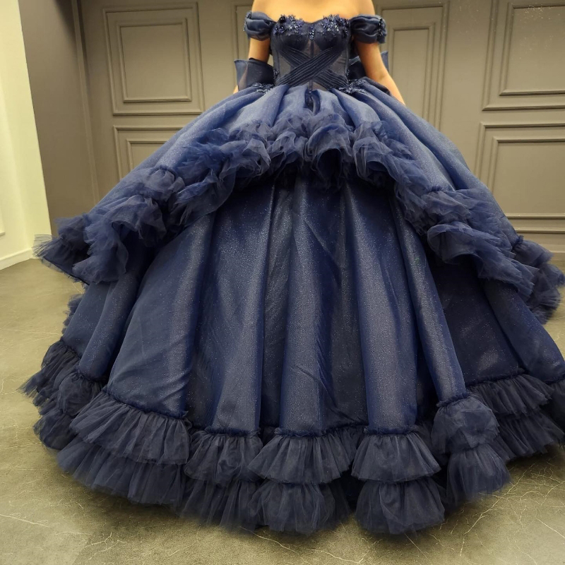 Navy Blue Shiny Dresses Ball Tiered Tulle Off the Shoulder Quinceanera Gown Applique Lace Beads Girl's Sweet 16 Dress Vestido De 15 Anos