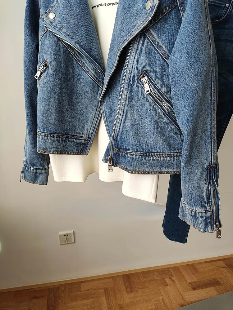 FTLZZ Spring Autumn Women Casual Moto Biker Denim Jacket Lady Vintage Loose Lapel Zipper Solid Color Short Cowboy Coat 240117