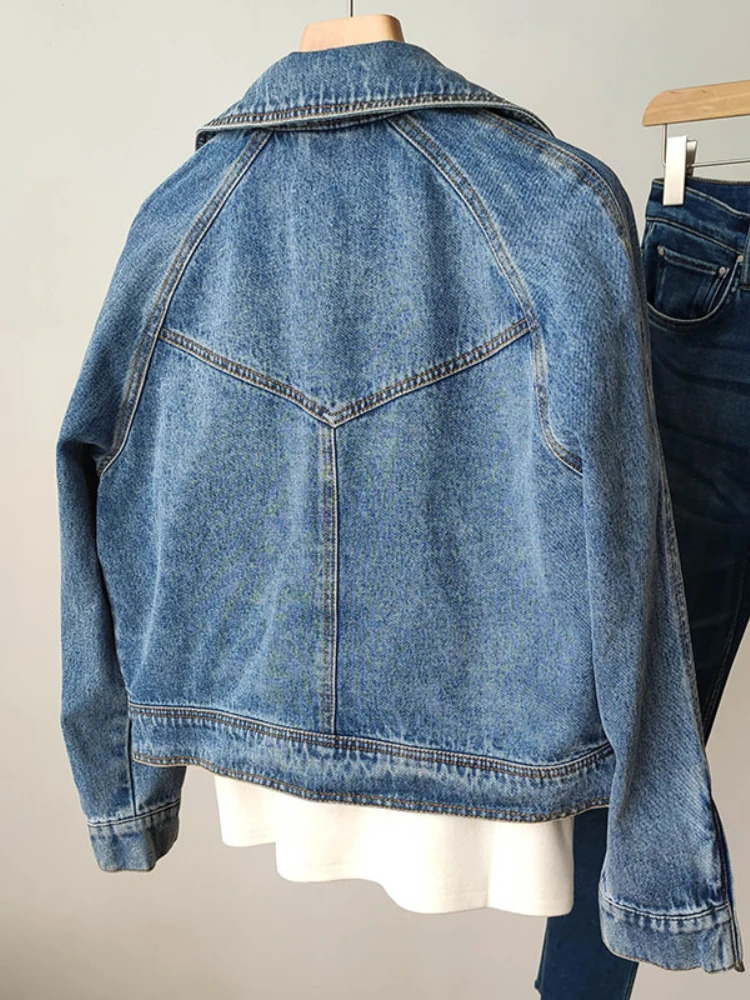 FTLZZ Spring Autumn Women Casual Moto Biker Denim Jacket Lady Vintage Loose Lapel Zipper Solid Color Short Cowboy Coat 240117